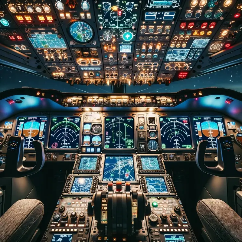 Çeşitli aviyonik sistemlerin yer aldığı modern bir uçak kokpiti