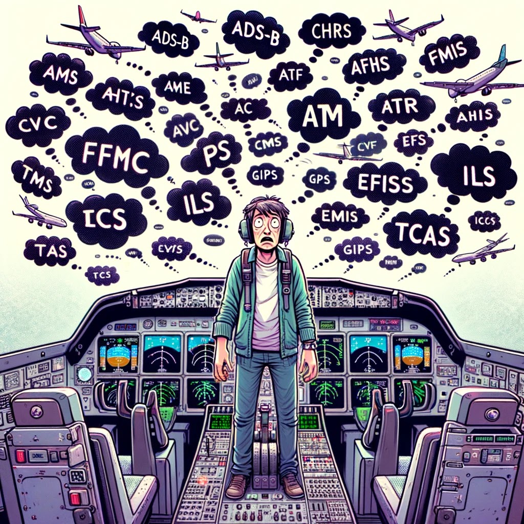 an illustration that shows a person in the cockpit, looking puzzled with avionics acronyms floating around them. This image captures the feeling of being overwhelmed by the complexity of avionics terminology in a humorous and relatable way.